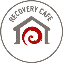 Recovery Café logo featuring a house silhouette with a red spiral at the center.